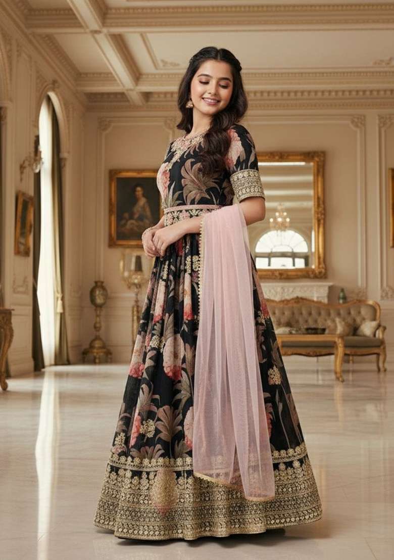 Black Embroidery Georgette Gown Set For Girls - Indya