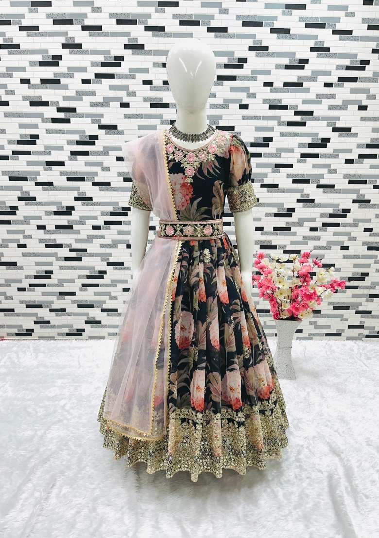 Black Embroidery Georgette Gown Set For Girls - Indya