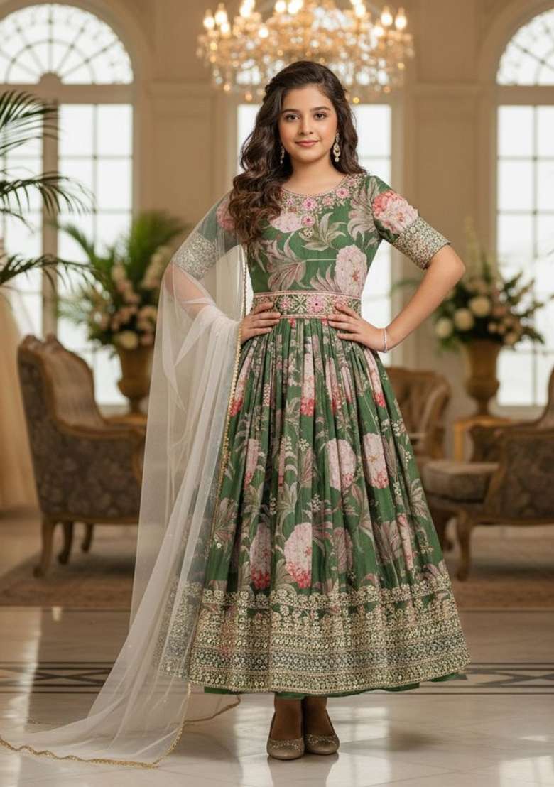 Green Embroidery Georgette Gown Set For Girls - Indya