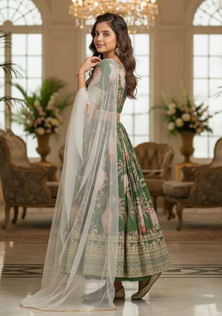Green Embroidery Georgette Gown Set For Girls - Indya