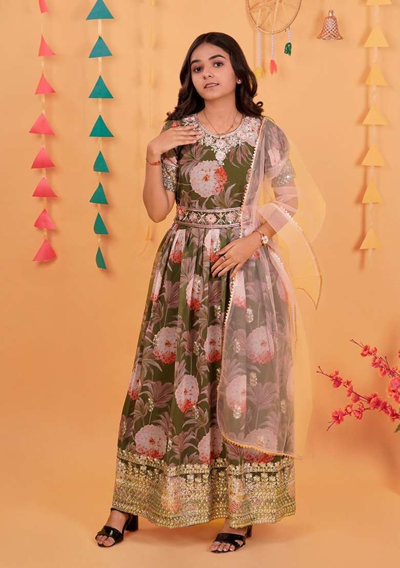 Green Embroidery Georgette Gown Set For Girls - Indya
