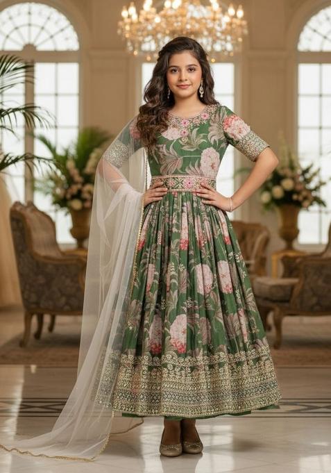 Green Embroidery Georgette Gown Set For Girls