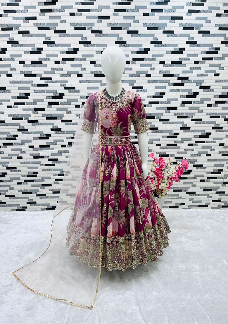 Wine Embroidery Georgette Gown Set For Girls - Indya