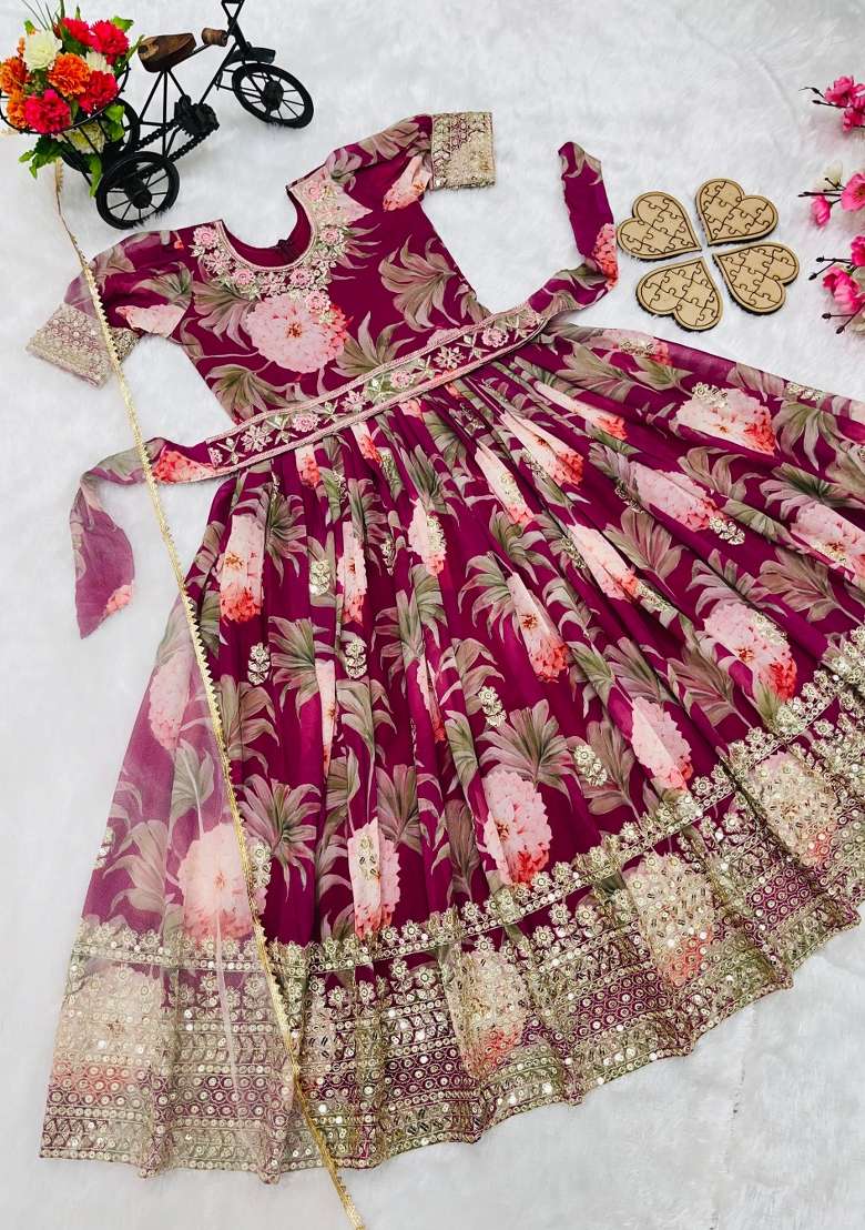 Wine Embroidery Georgette Gown Set For Girls - Indya