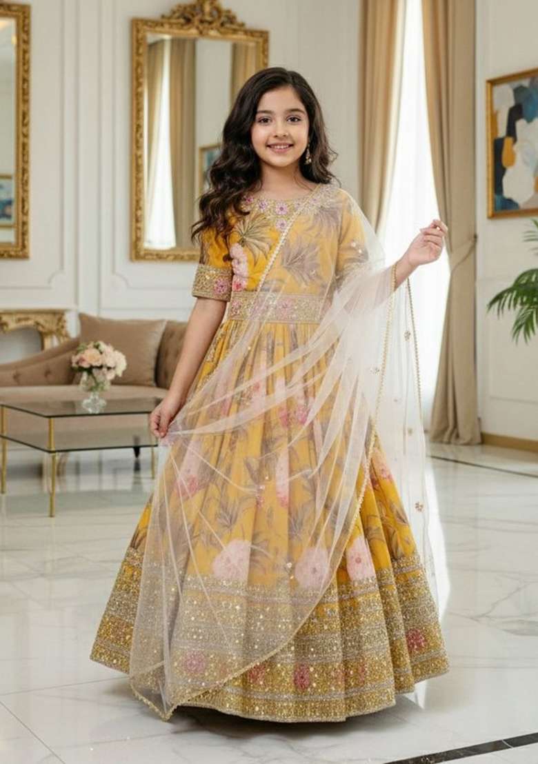 Yellow Embroidery Georgette Gown Set For Girls - Indya
