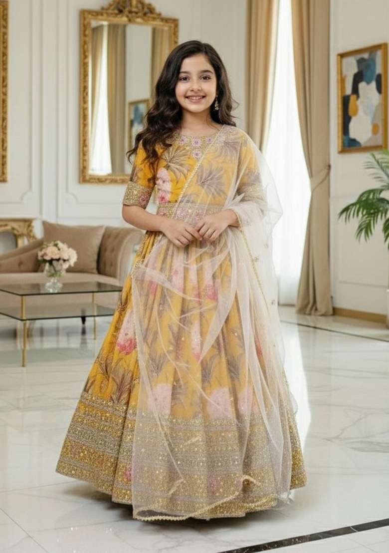 Yellow Embroidery Georgette Gown Set For Girls - Indya