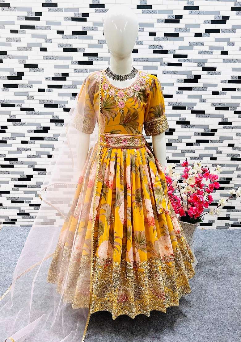Yellow Embroidery Georgette Gown Set For Girls - Indya