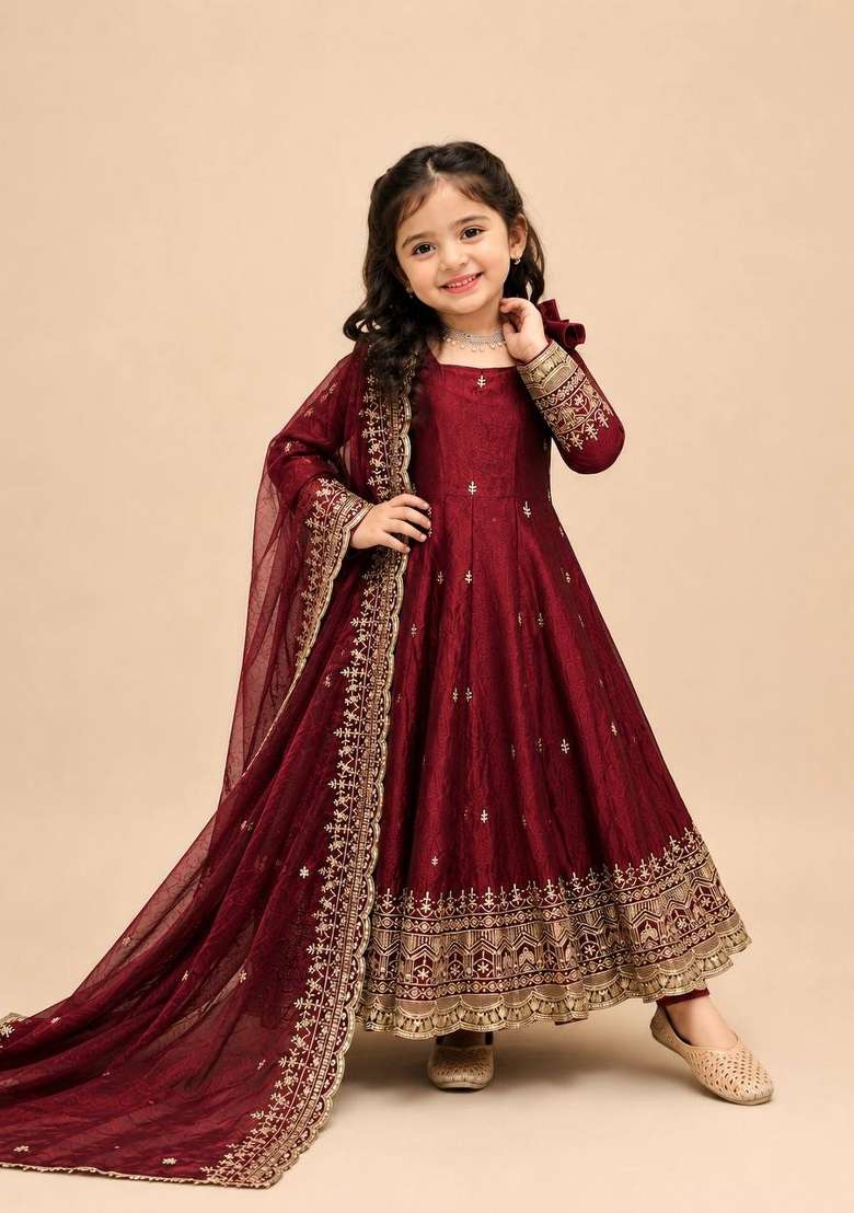 Maroon Embroidery Silk Gown Set For Girls - Indya