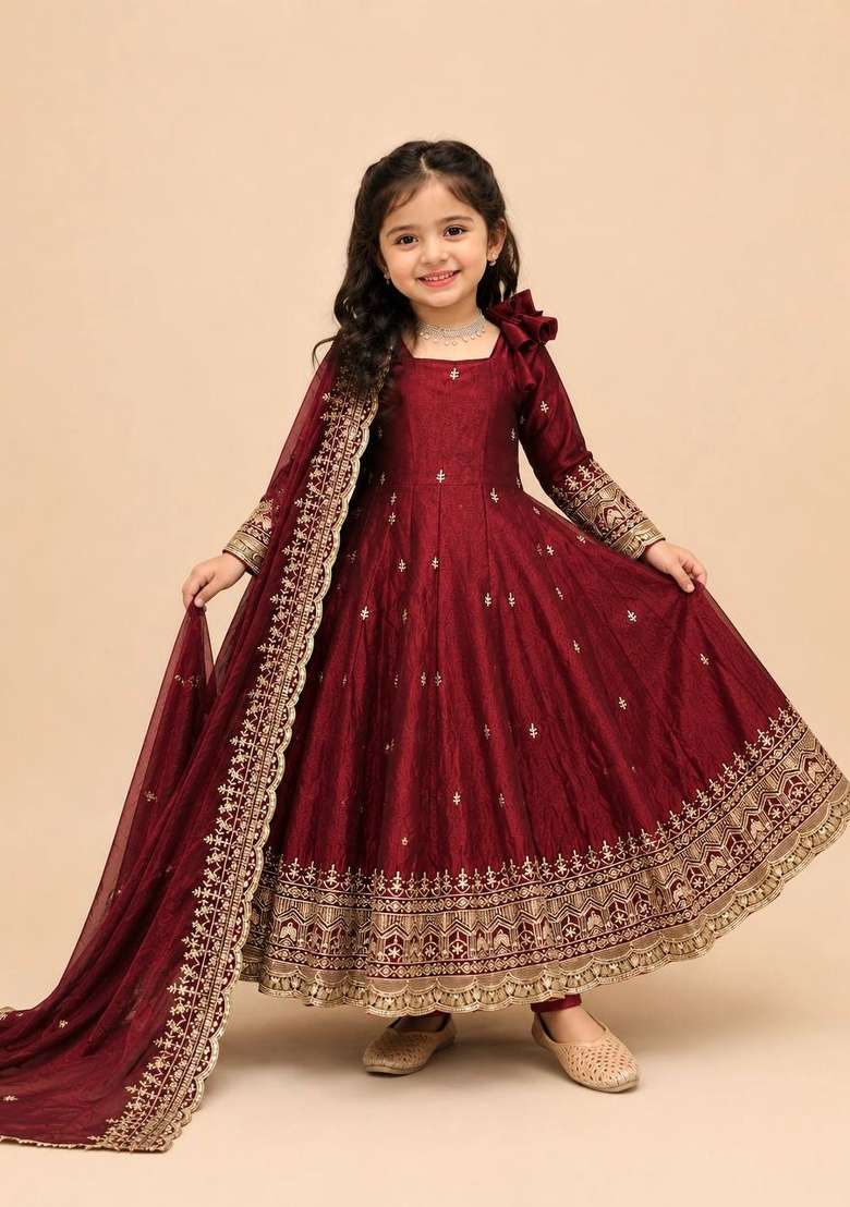 Maroon Embroidery Silk Gown Set For Girls - Indya