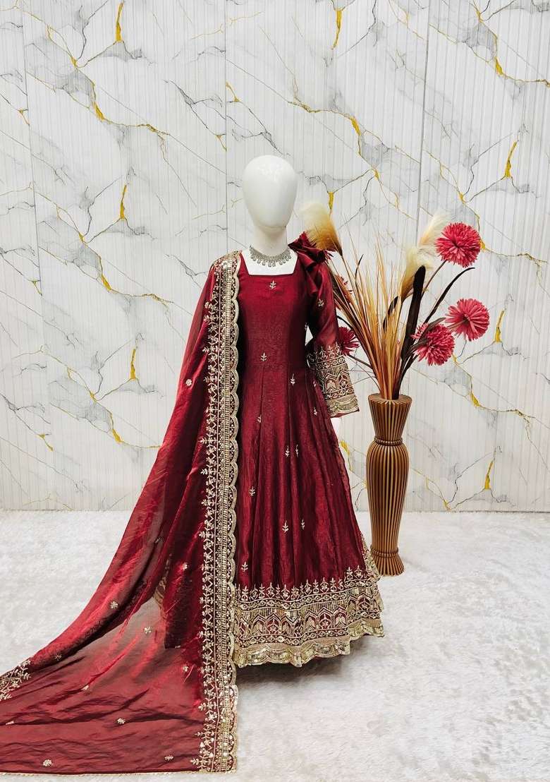 Maroon Embroidery Silk Gown Set For Girls - Indya