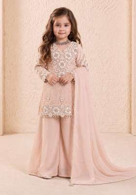 Peach Embroidery Georgette Kurta Set For Girls