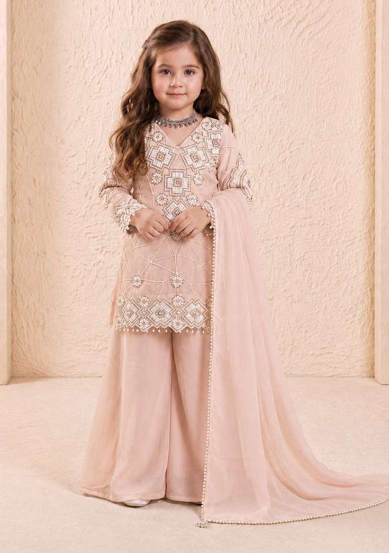 Peach Embroidery Georgette Kurta Set For Girls - Indya