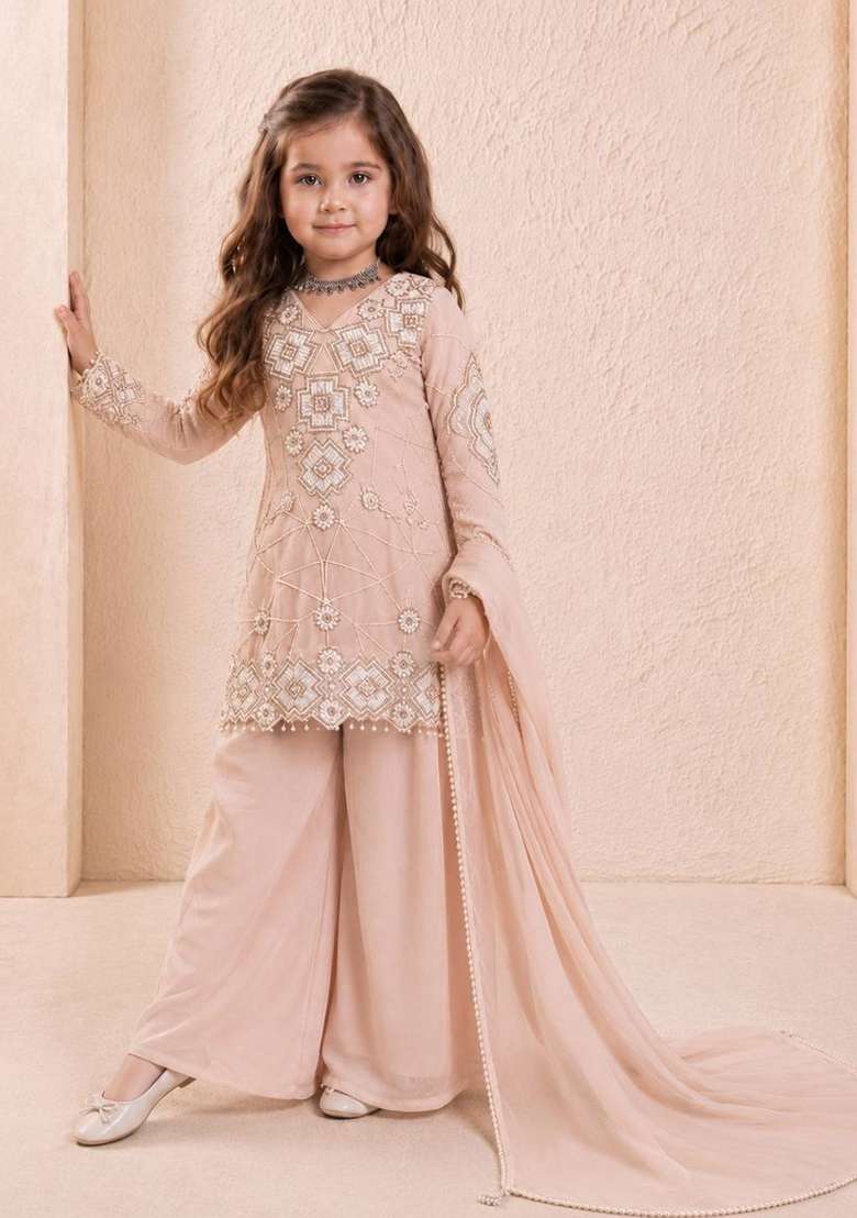 Peach Embroidery Georgette Kurta Set For Girls - Indya