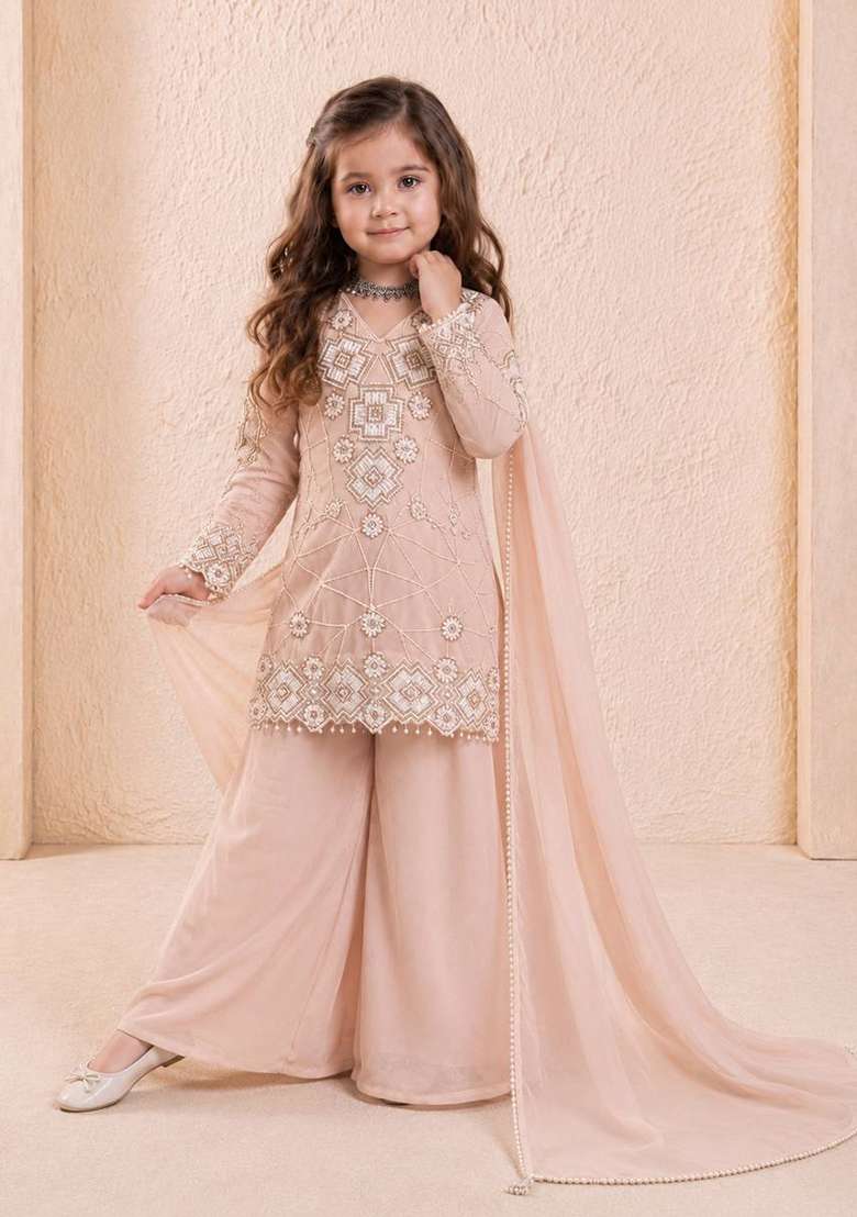 Peach Embroidery Georgette Kurta Set For Girls - Indya