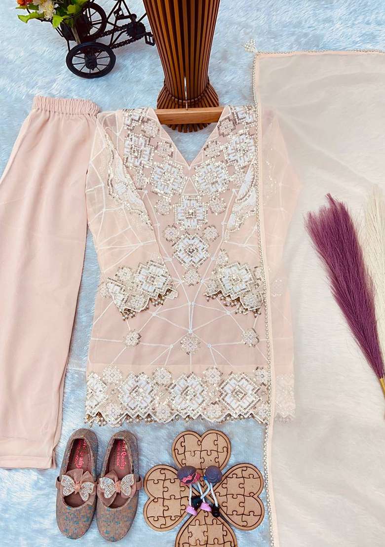 Peach Embroidery Georgette Kurta Set For Girls - Indya