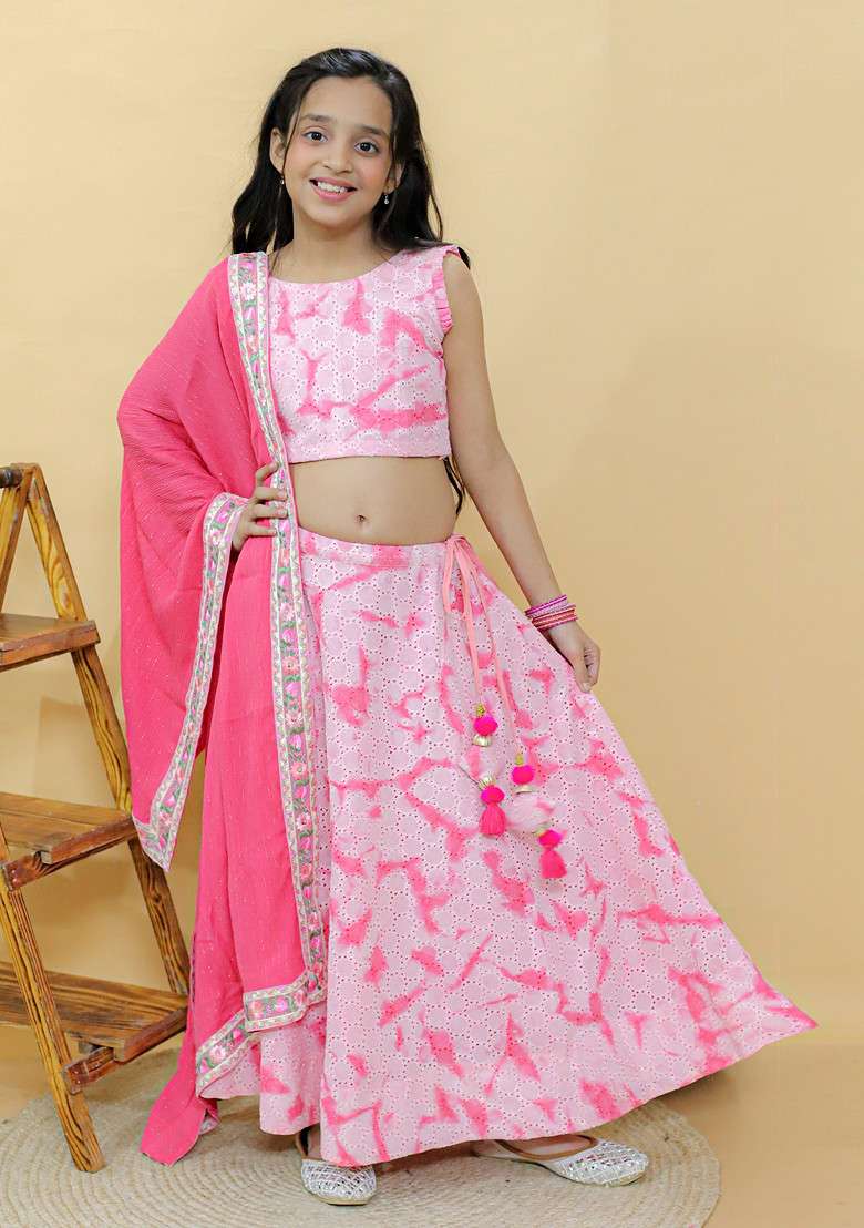 Pink Embroidered Lehenga With Blouse And Dupatta (Set of 3) - Indya