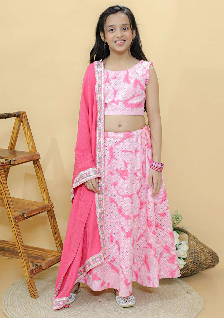 Pink Embroidered Lehenga With Blouse And Dupatta (Set of 3) - Indya
