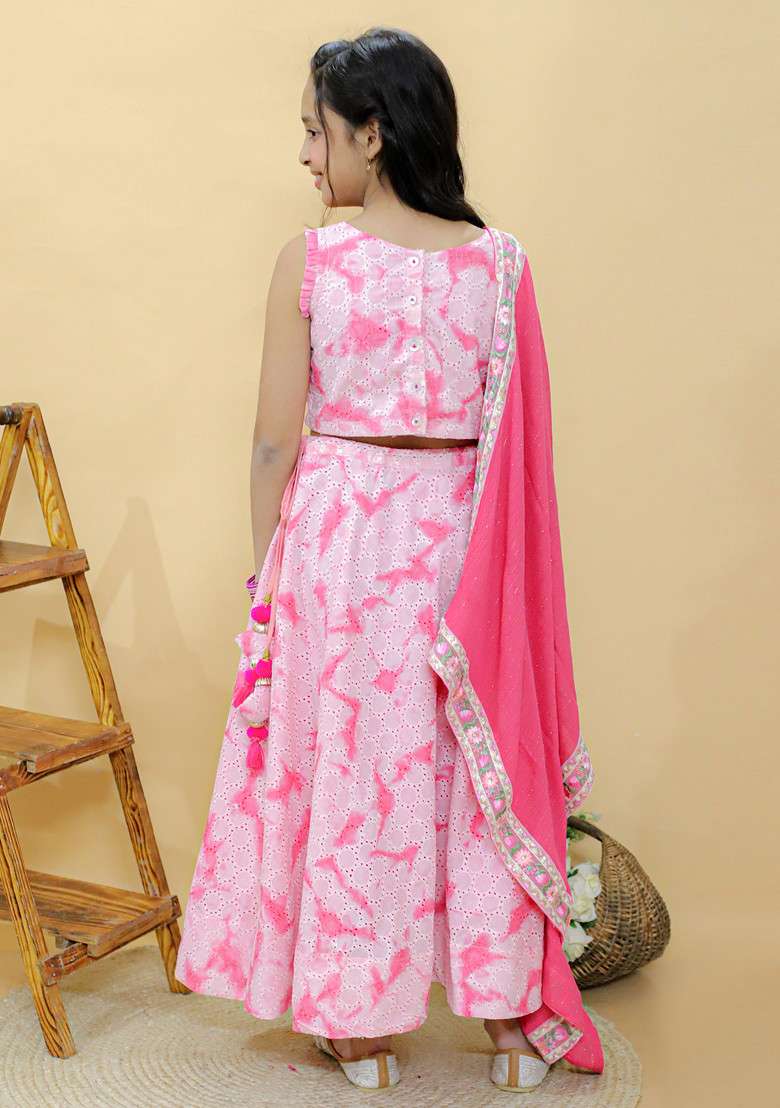 Pink Embroidered Lehenga With Blouse And Dupatta (Set of 3) - Indya