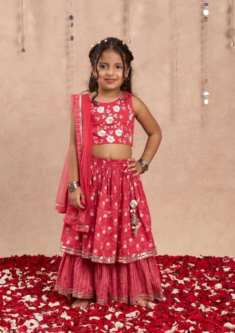 Red Printed Lehenga With Blouse And Dupatta (Set of 3) - Indya