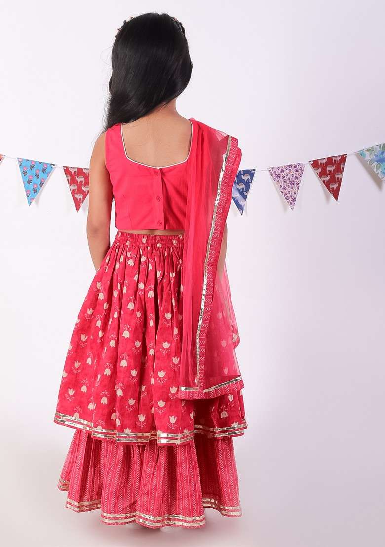 Red Printed Lehenga With Blouse And Dupatta (Set of 3) - Indya