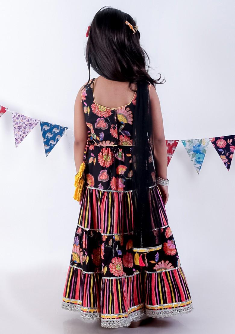 Black Printed Lehenga With Blouse And Dupatta (Set of 3) - Indya