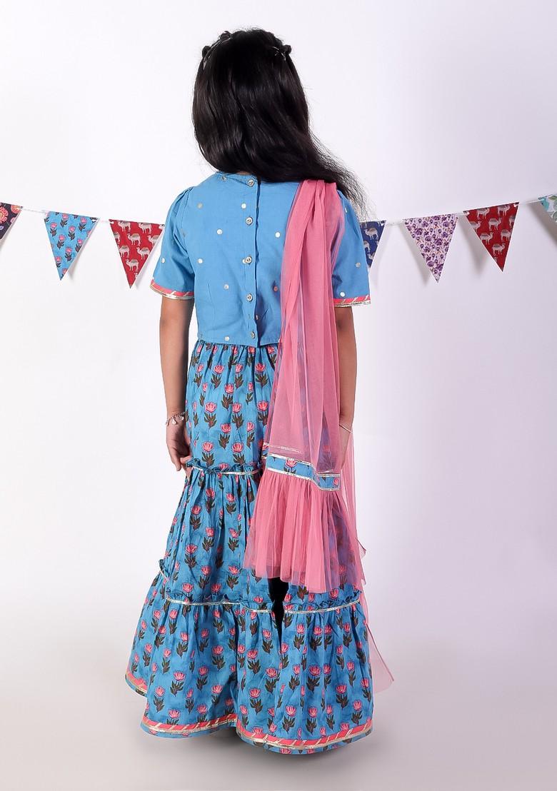 Blue Jaipuri Print Lehenga With Blouse And Dupatta (Set of 3) - Indya