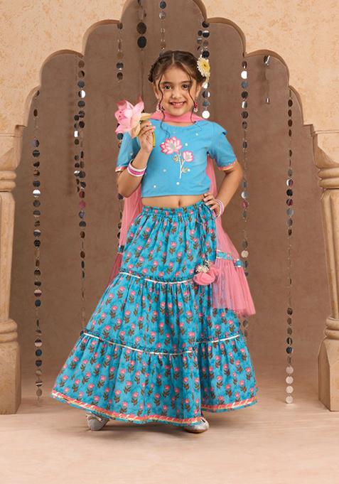 Blue Jaipuri Print Lehenga With Blouse And Dupatta (Set of 3)