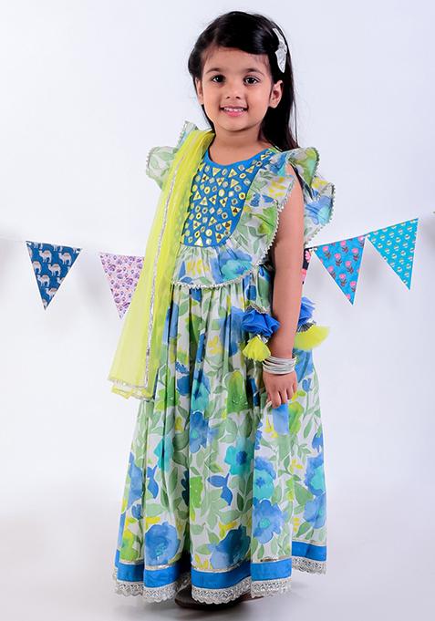 Green Jaipuri Print Lehenga With Blouse And Dupatta (Set of 3)