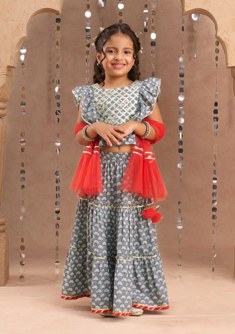 Grey Jaipuri Print Lehenga With Blouse And Dupatta (Set of 3)