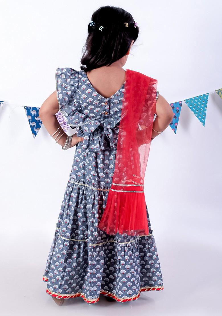 Grey Jaipuri Print Lehenga With Blouse And Dupatta (Set of 3)