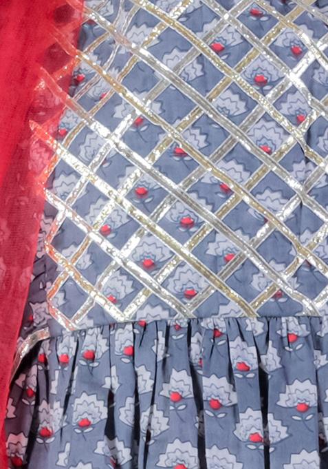 Grey Jaipuri Print Lehenga With Blouse And Dupatta (Set of 3)