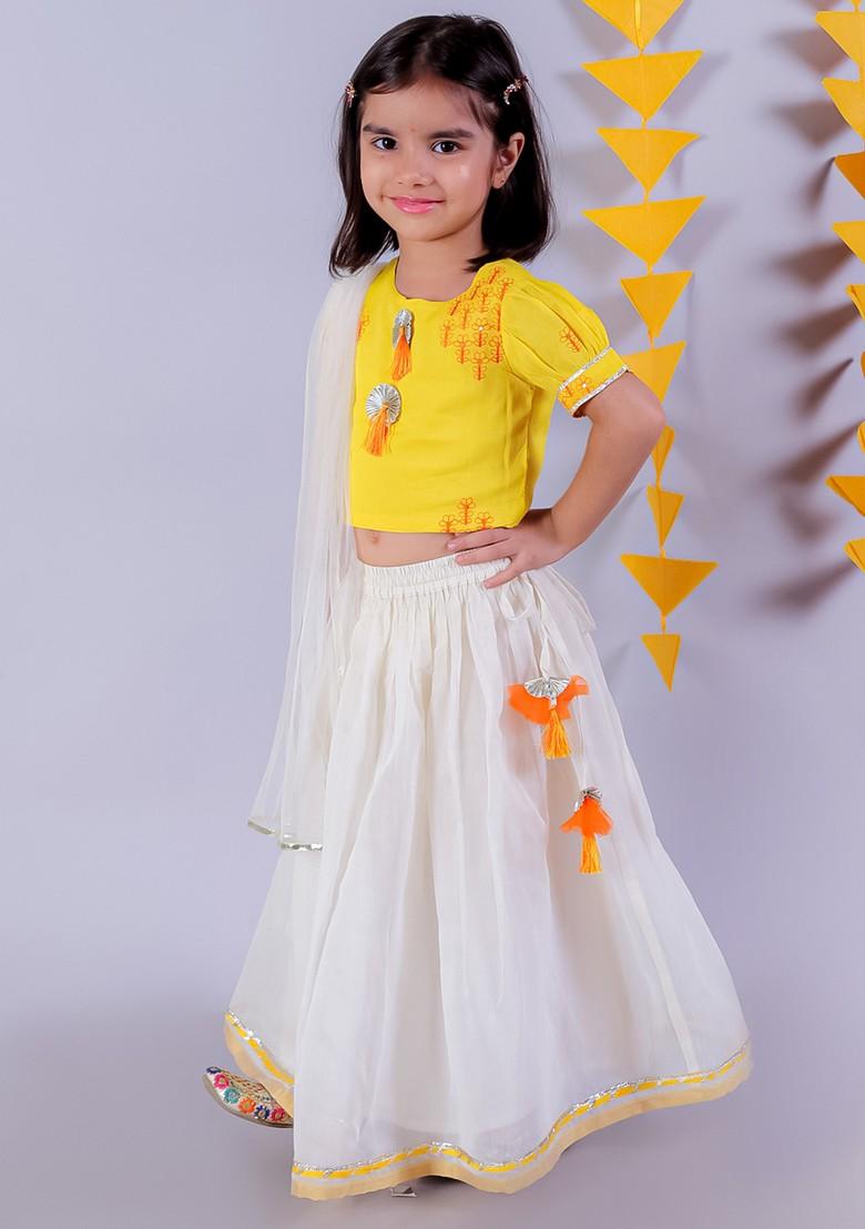 Yellow And White Embroidered Lehenga With Blouse And Dupatta (Set of 3)