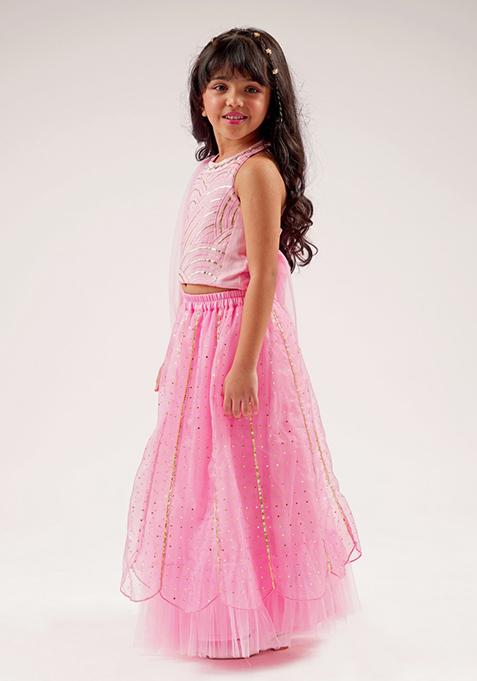 Pink Embroidered Ghagra With Blouse (Set of 2)