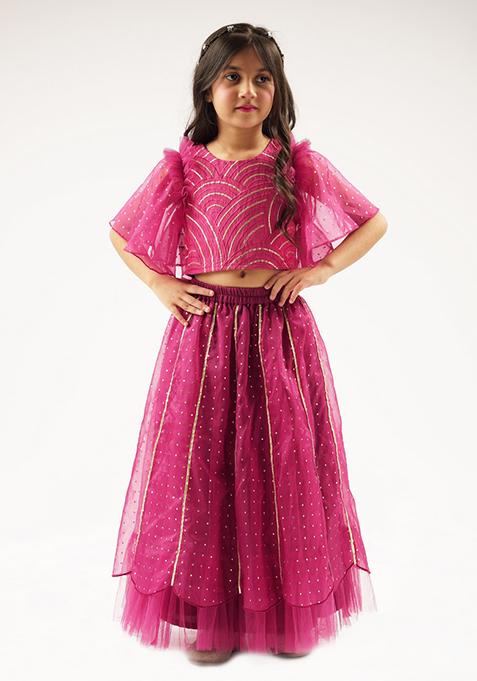 Wine Embroidered Ghagra With Blouse And Dupatta (Set of 3)