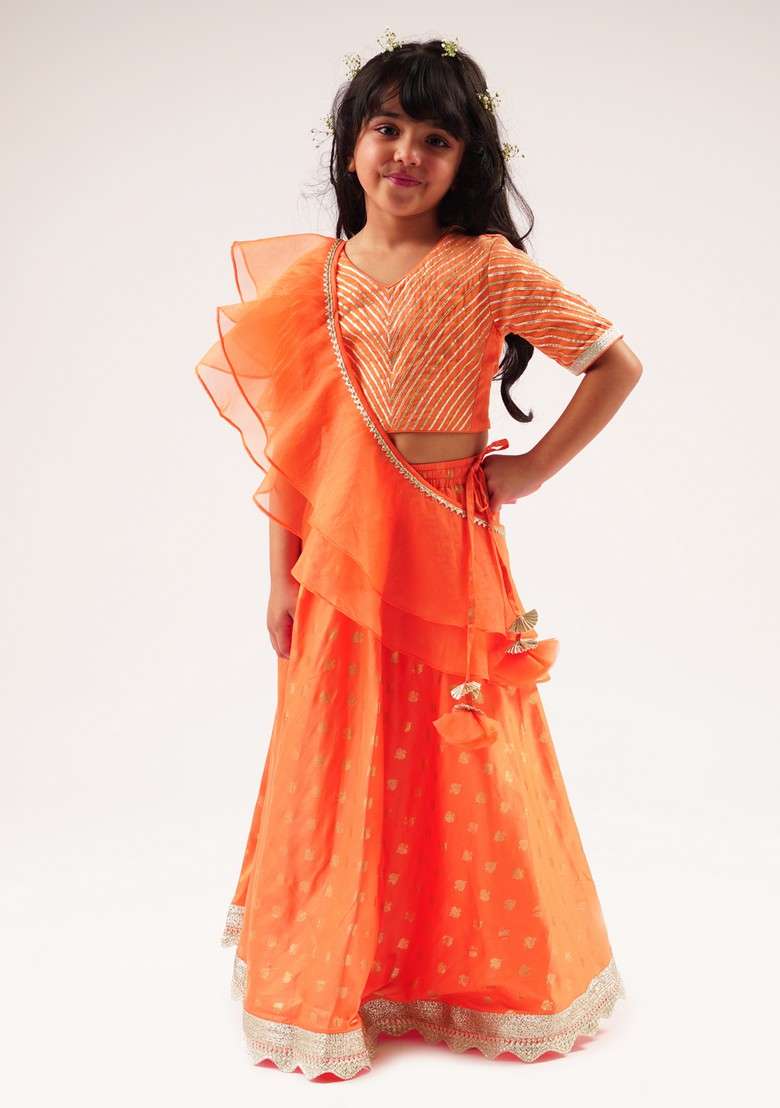 Orange Foil Print Ghagra With Blouse And Dupatta (Set of 3) - Indya