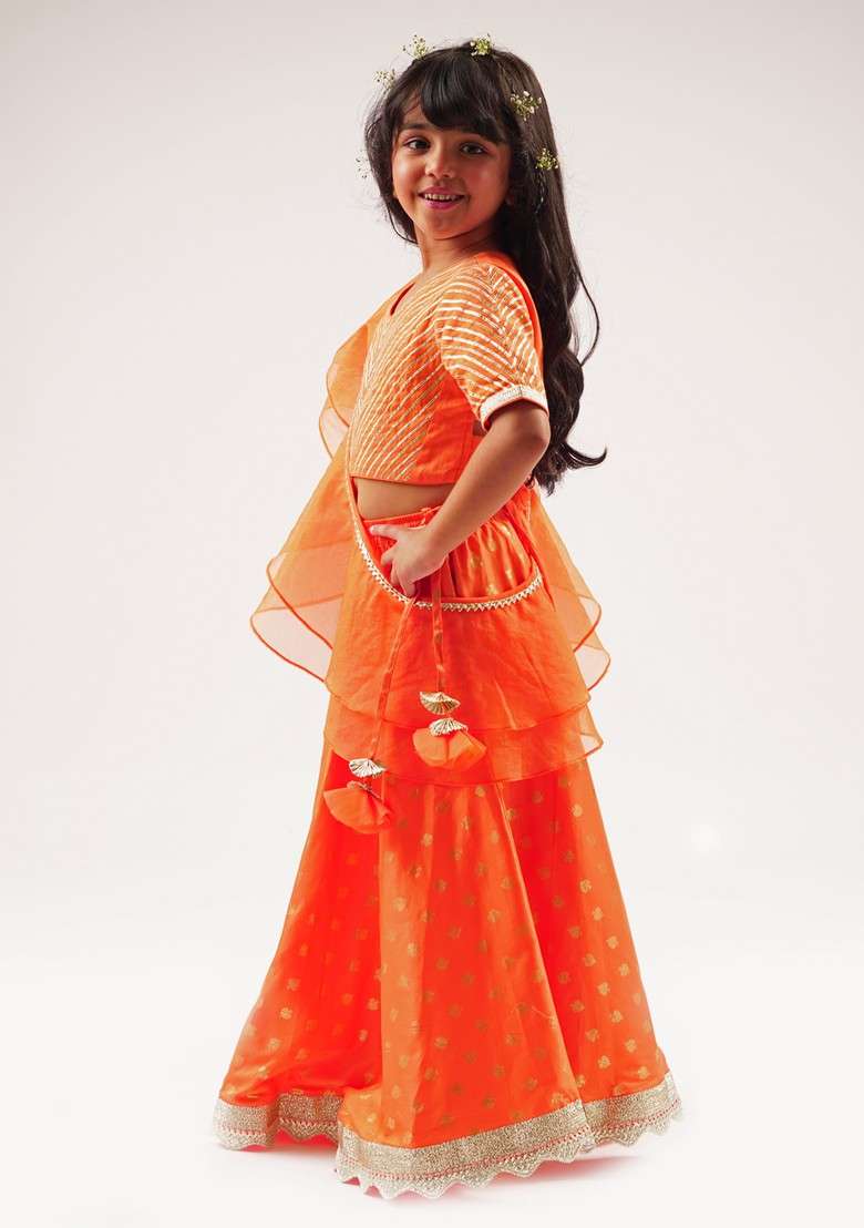 Orange Foil Print Ghagra With Blouse And Dupatta (Set of 3) - Indya