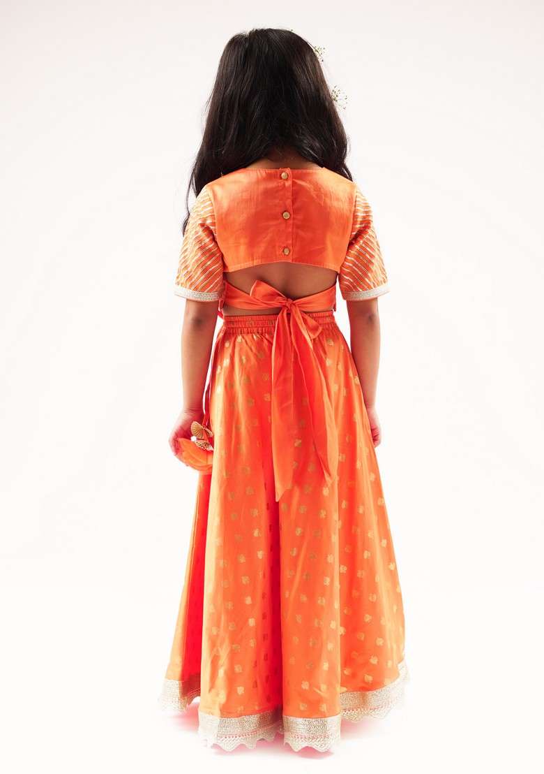 Orange Foil Print Ghagra With Blouse And Dupatta (Set of 3) - Indya
