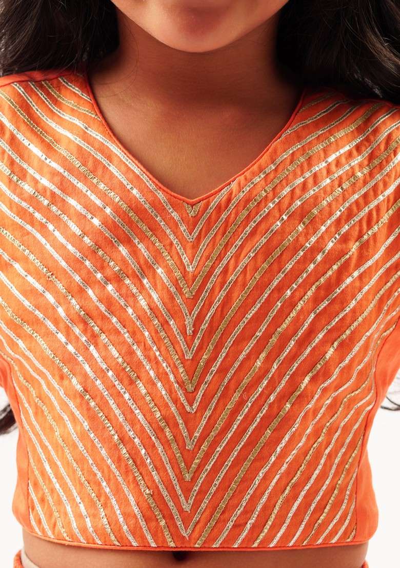 Orange Foil Print Ghagra With Blouse And Dupatta (Set of 3) - Indya