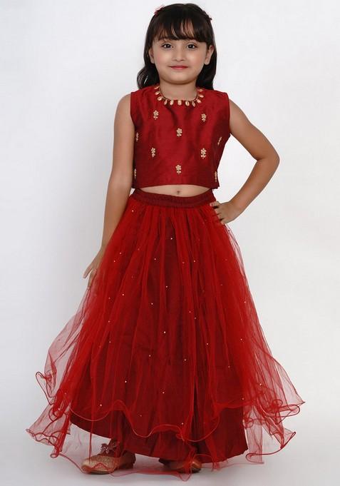 Maroon And Golden Embroidered Lehenga With Blouse(Set of 2)
