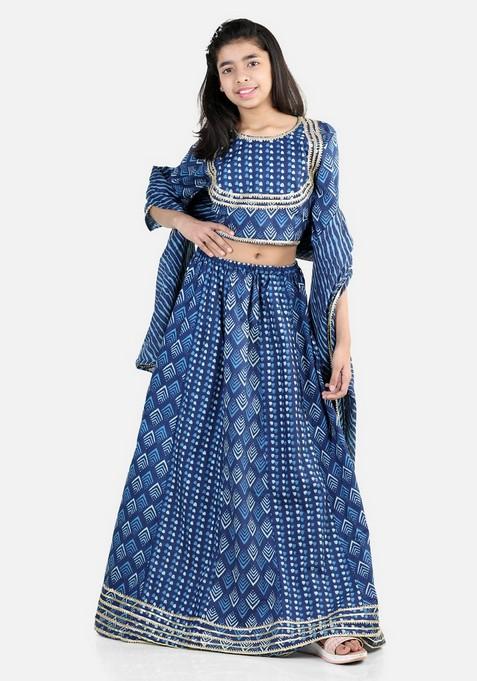 Blue Printed Lehenga With Blouse And Dupatta (Set of 3)