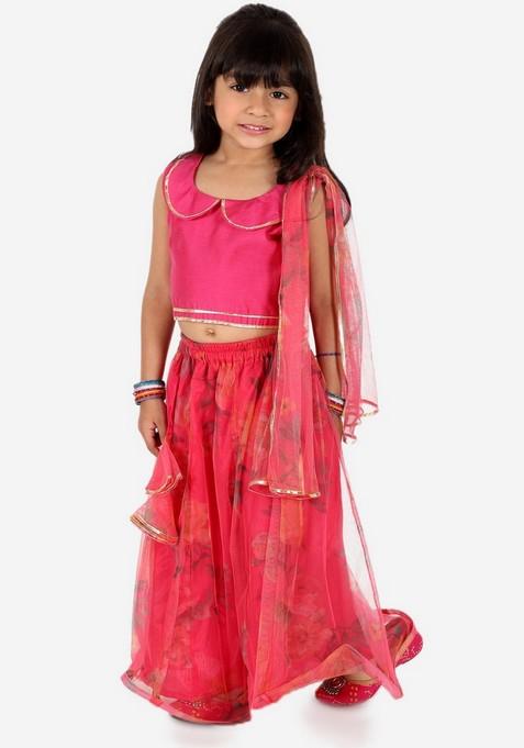 Pink Printed Lehenga With Blouse With Dupatta (Set of 3)