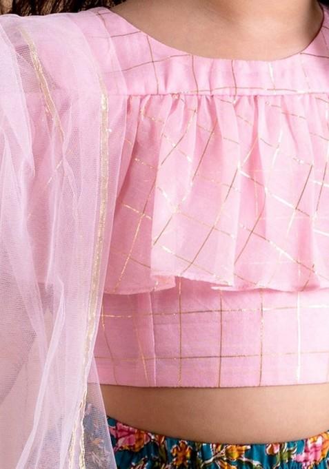 Pink And Green Cotton Lehenga With Blouse With Dupatta (Set of 3)