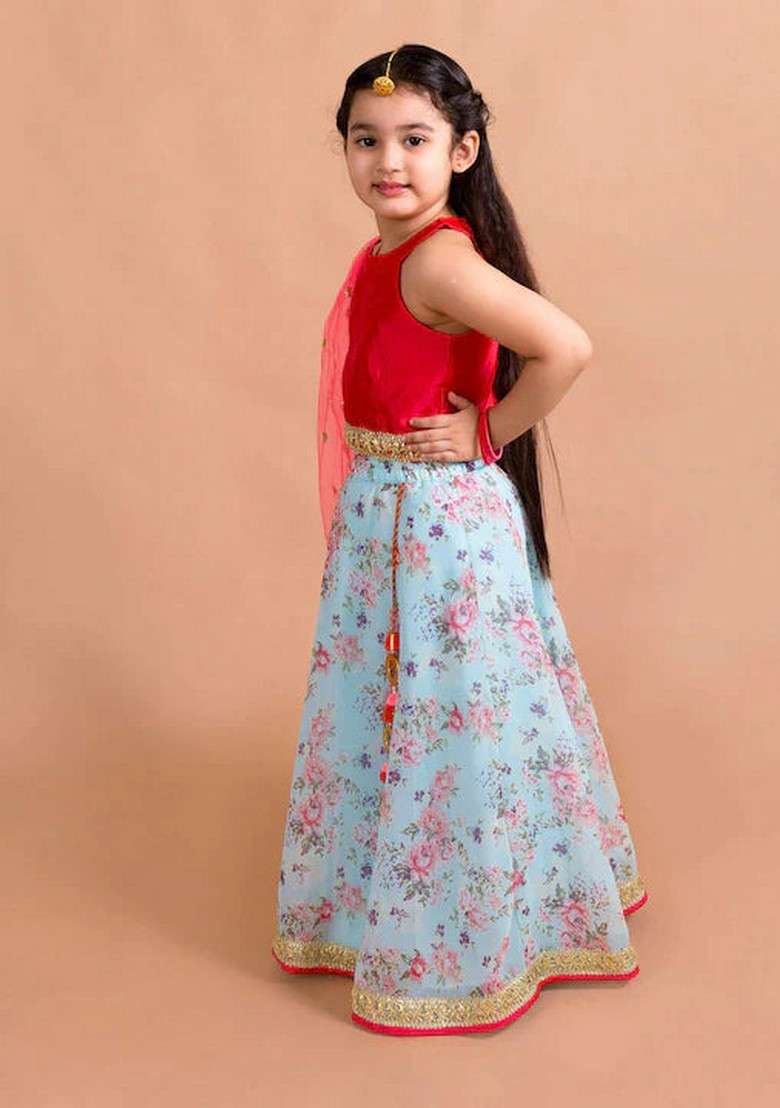 Red Lehenga With Blouse With Dupatta (Set of 3) - Indya