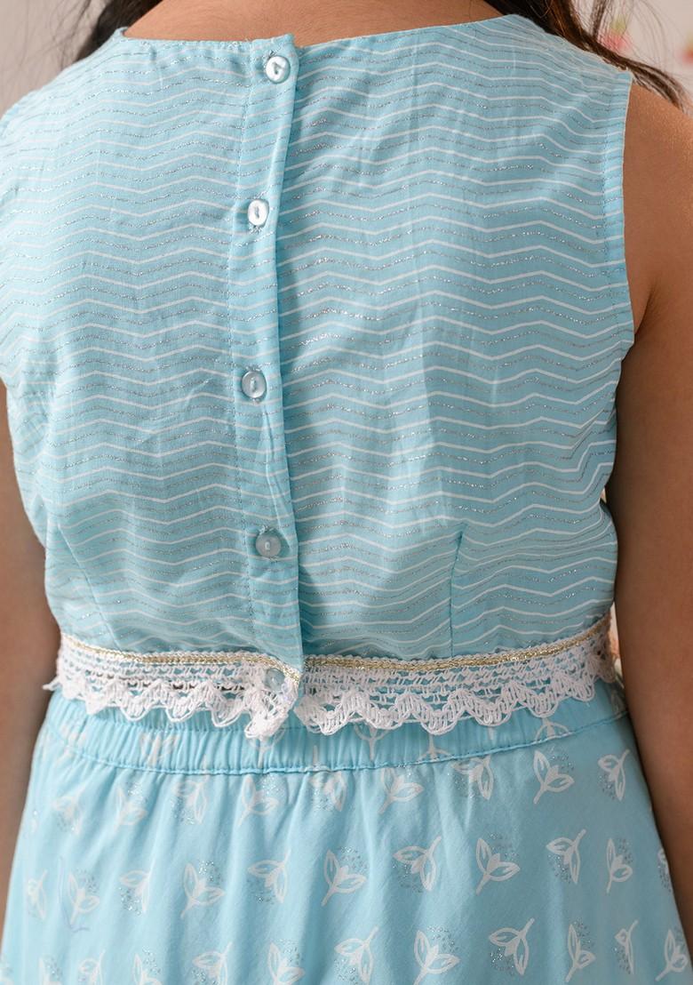 Blue Printed Lehenga With Blouse With Dupatta (Set of 3)