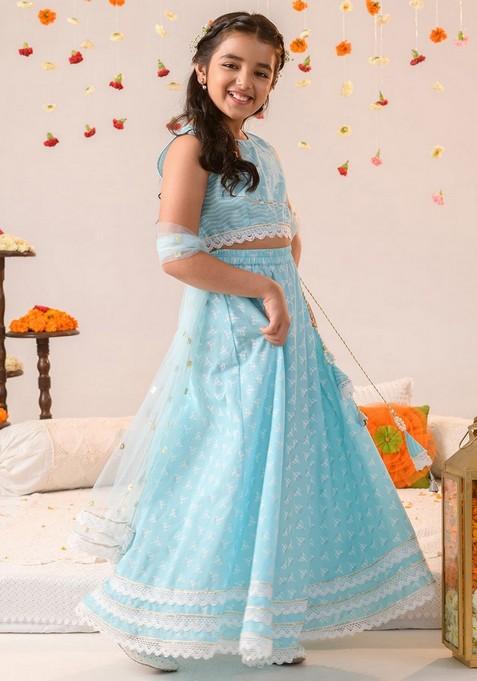 Blue Printed Lehenga With Blouse With Dupatta (Set of 3)