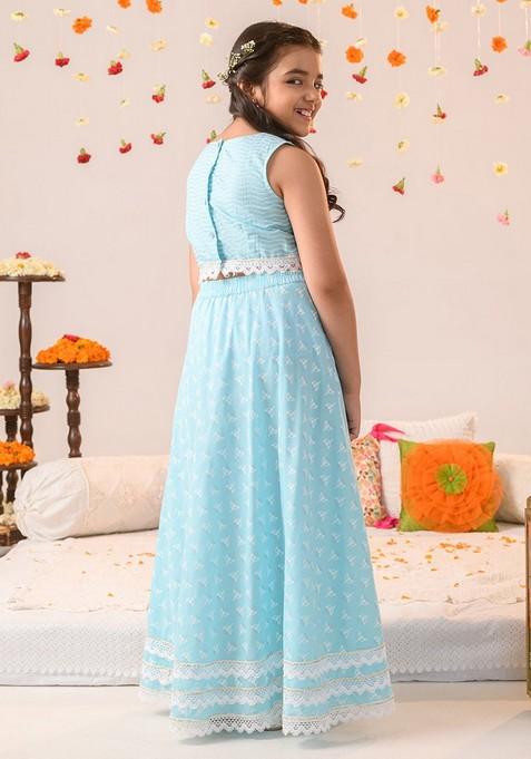 Blue Printed Lehenga With Blouse With Dupatta (Set of 3)