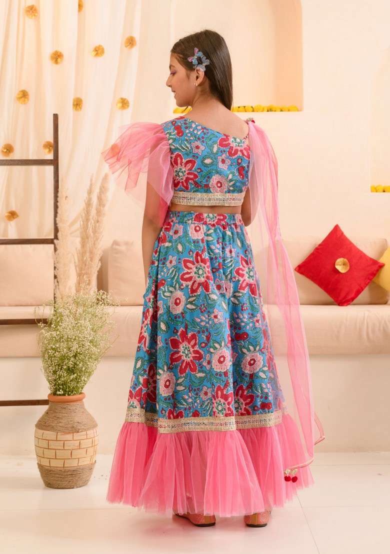 Blue Printed Lehenga With Blouse With Dupatta (Set of 3) - Indya