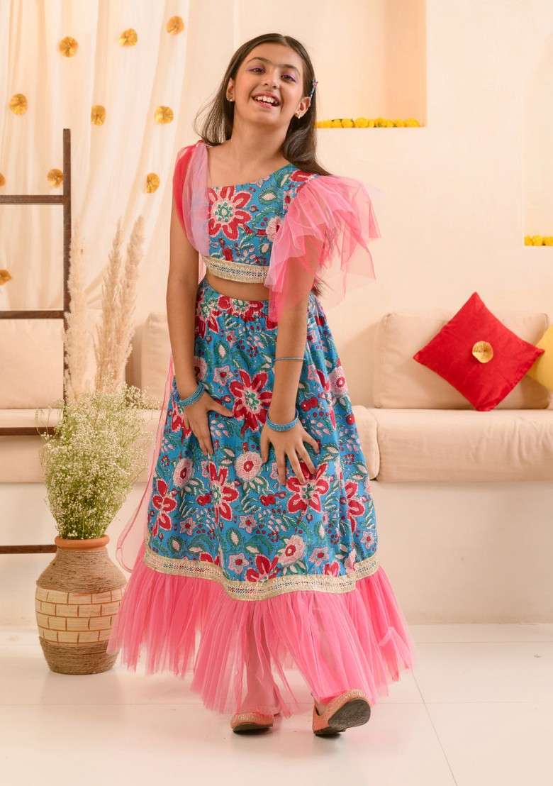 Blue Printed Lehenga With Blouse With Dupatta (Set of 3) - Indya