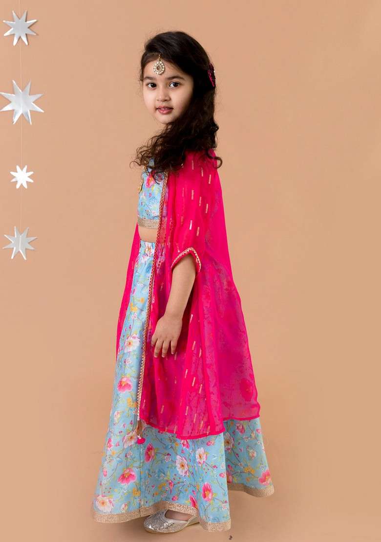 Blue And Red Printed Lehenga With Blouse With Dupatta (Set of 3) - Indya