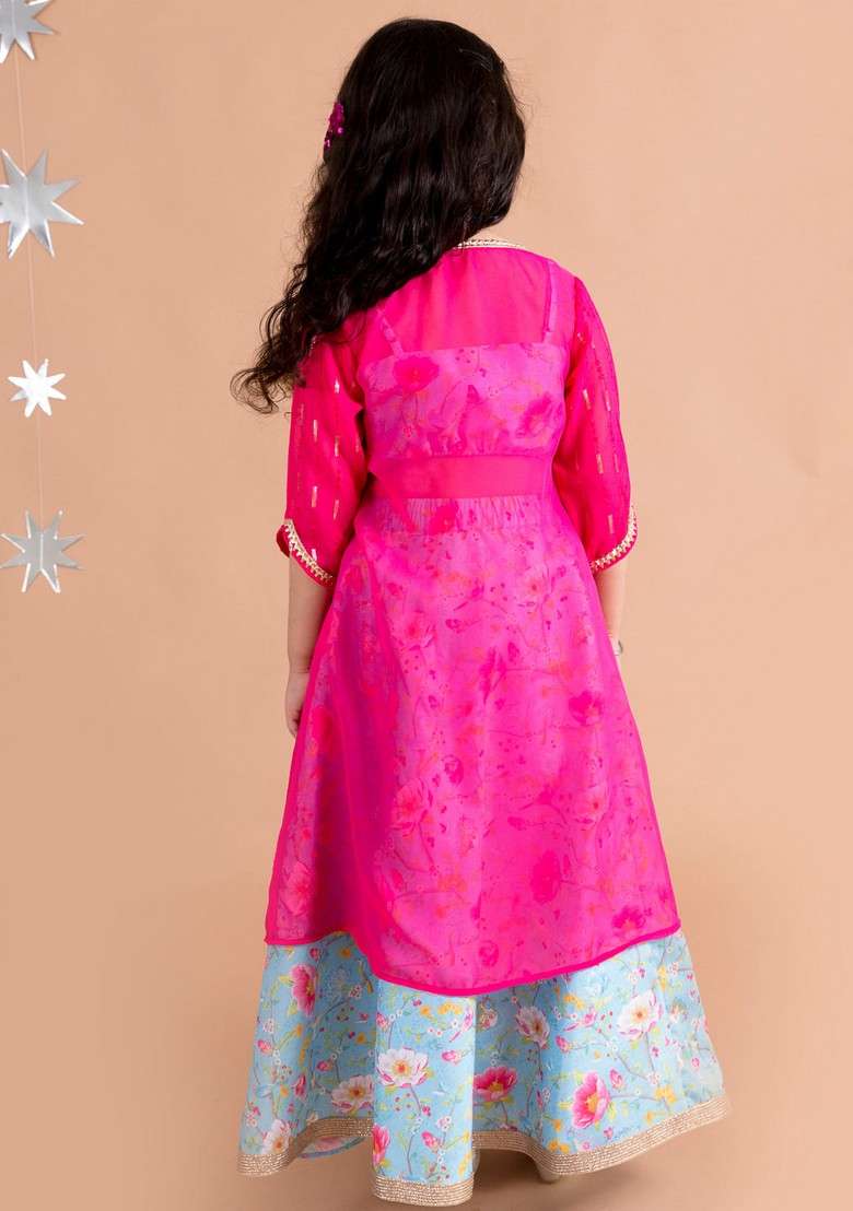 Blue And Red Printed Lehenga With Blouse With Dupatta (Set of 3) - Indya